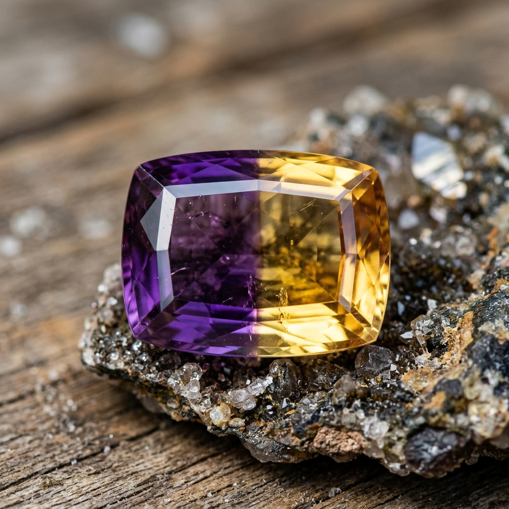 Faceted ametrine gemstone showing both purple and yellow