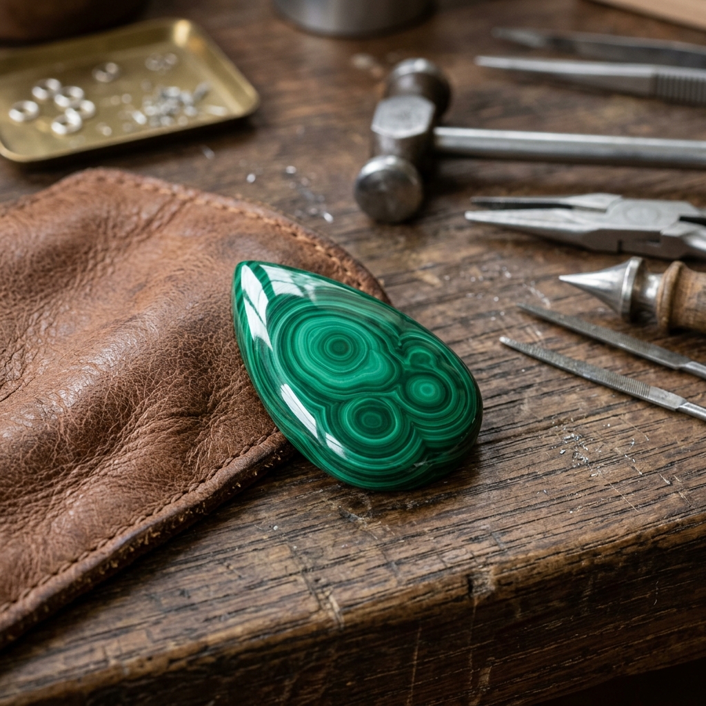 A perfectly polished teardrop malachite cabochon on a jeweler's workbench
