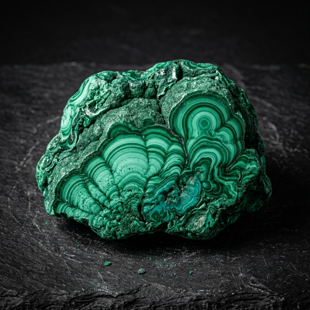 A raw chunk of vibrant green malachite stone