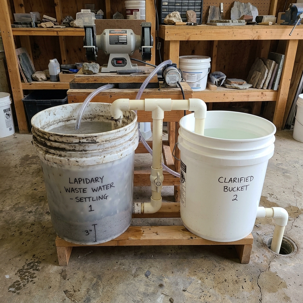 A dual-bucket settling system for lapidary waste