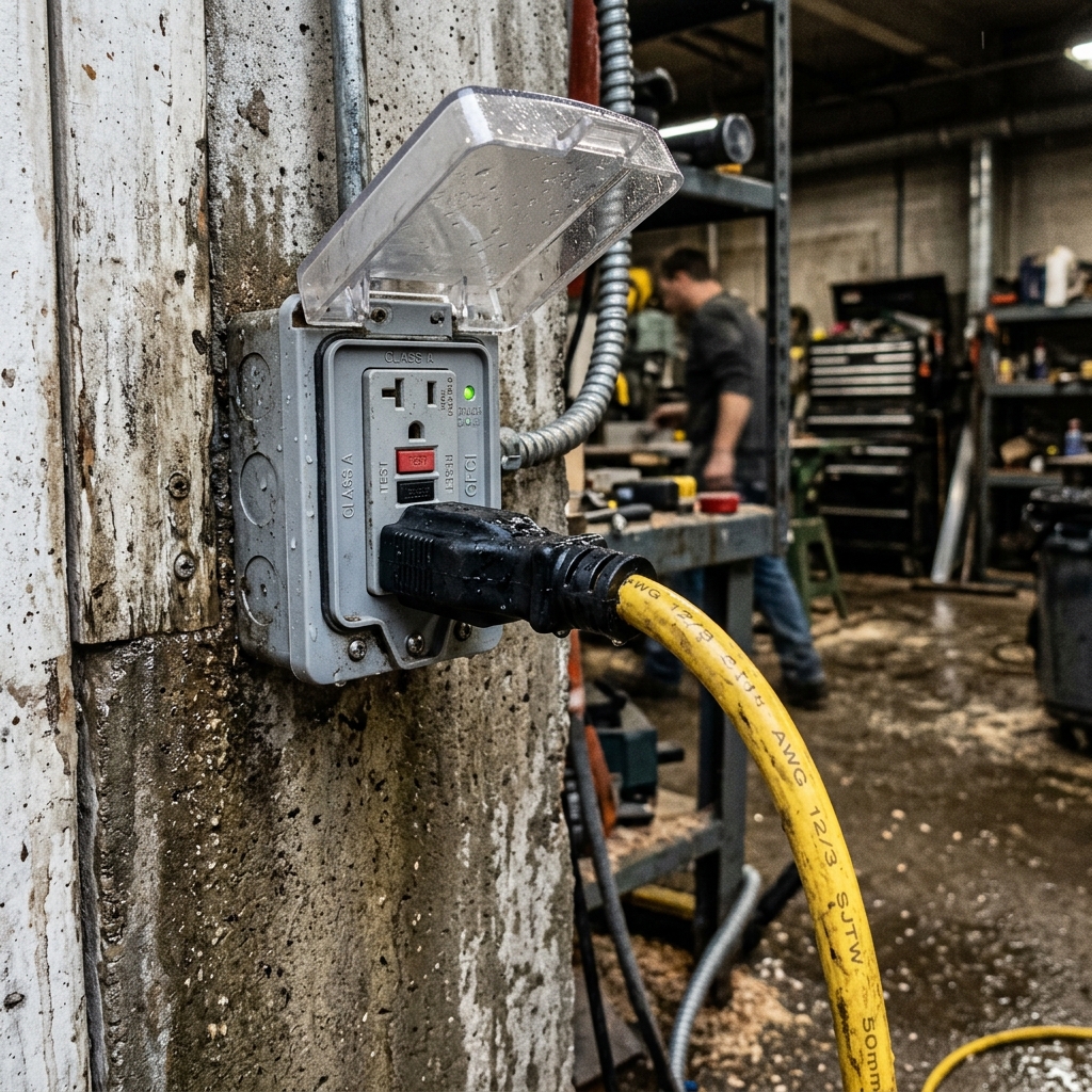 A GFCI protected outlet in a workshop