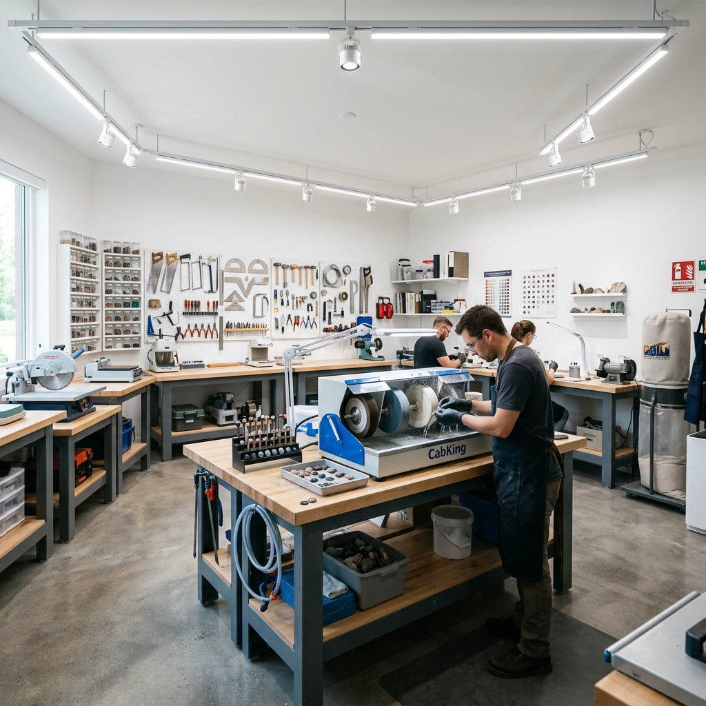 A clean and organized lapidary workshop setup